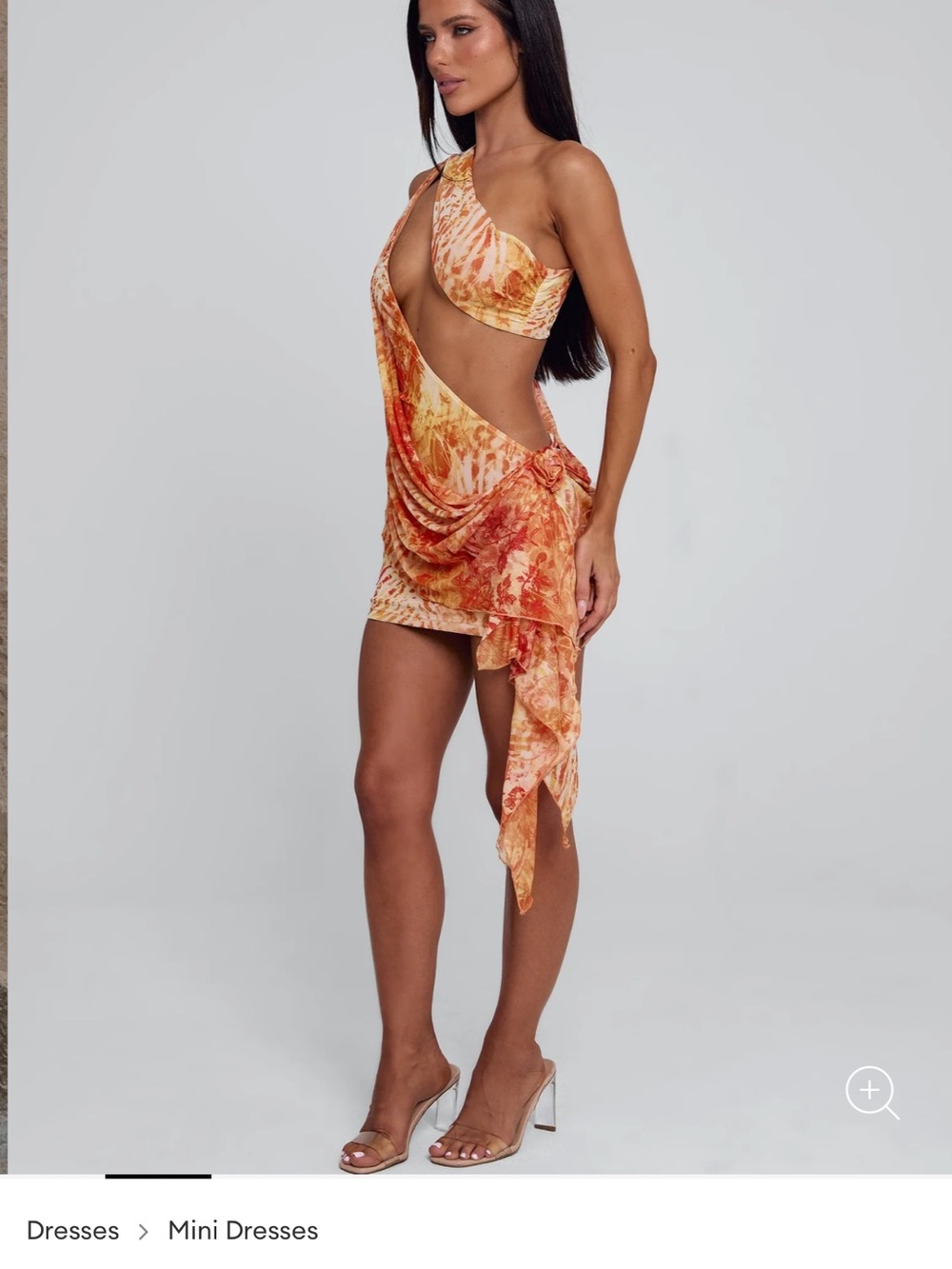One-Shoulder Orange Tie-Dye Mini Dress